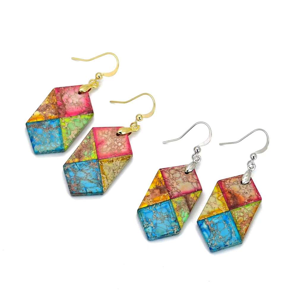 Hexagonal Natural Jasper Hanging Bohemian Charming Mixed Color Stone Earrings