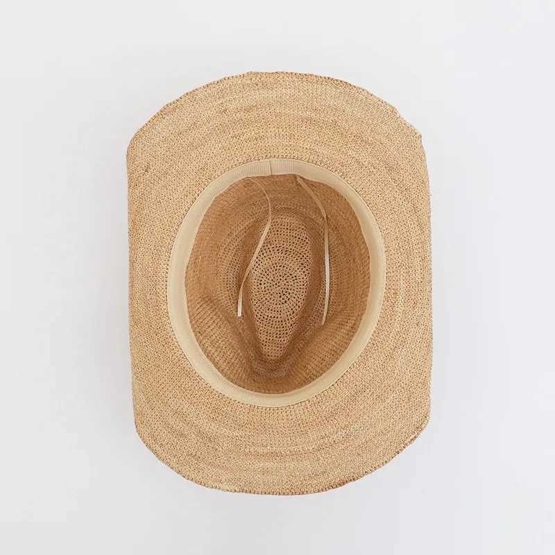 New Hand-woven Crochet Natural Raffia Sun Hat Summer Simple Western Cowboy Hats with Curled Brim Beach Sun Protection Straw Hats Y250707