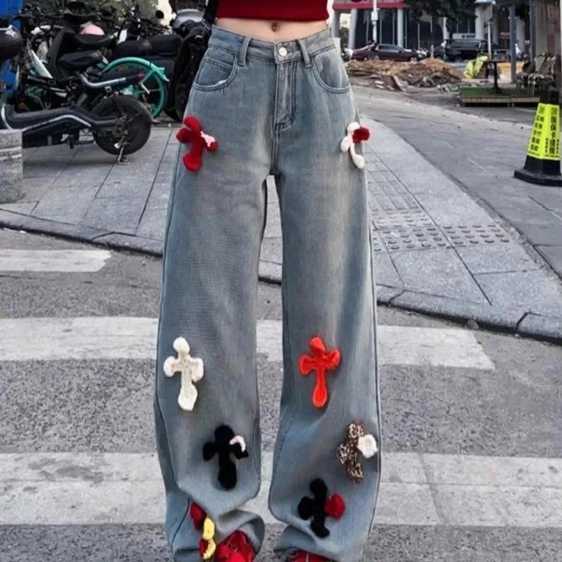 Womens Y2k Cross Print Straight Jeans Retro High Waist Denim Pant Casual Oversized Baggy Trousers High Street Plush Pants 250707