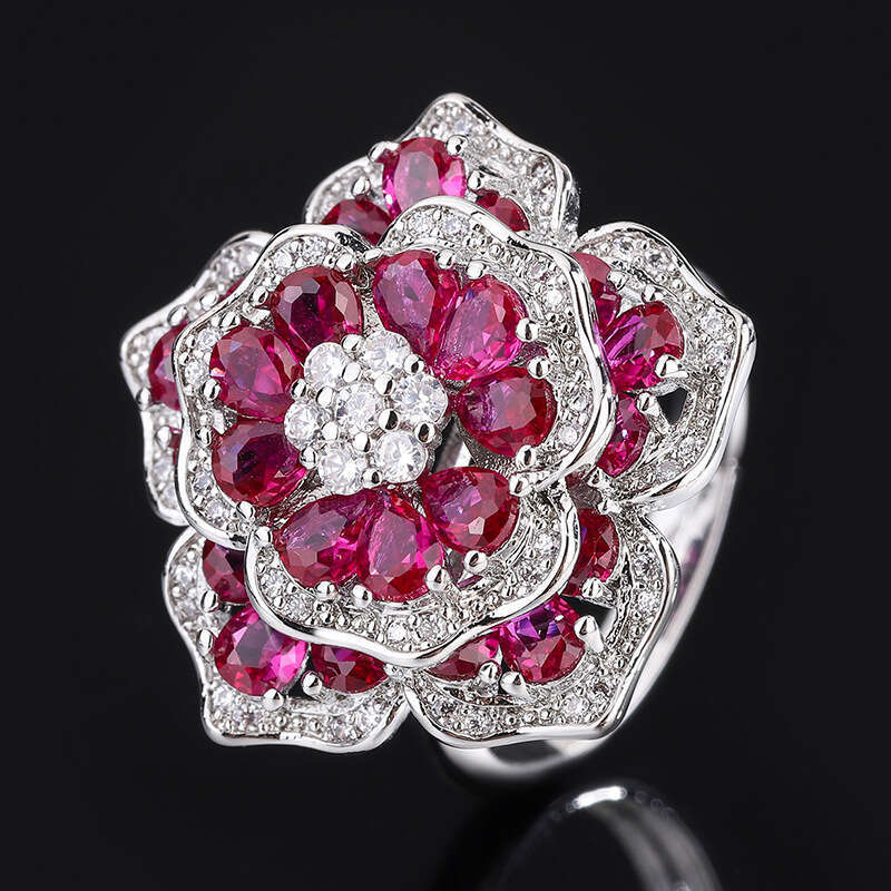 Jewelry Two-Piece Set Camellia Ring Full Diamond Noble Topaz Blood Red Bracelet For Women 405