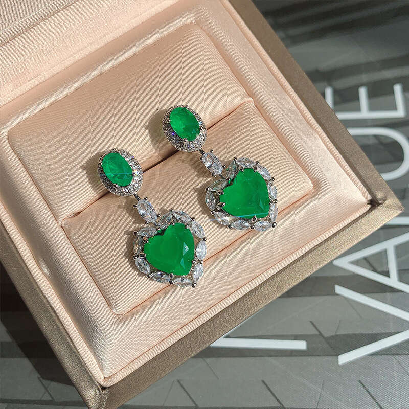 Heart Paraiba Socialite Imitation Emerald Micro Pave Zircon Earrings 2B7
