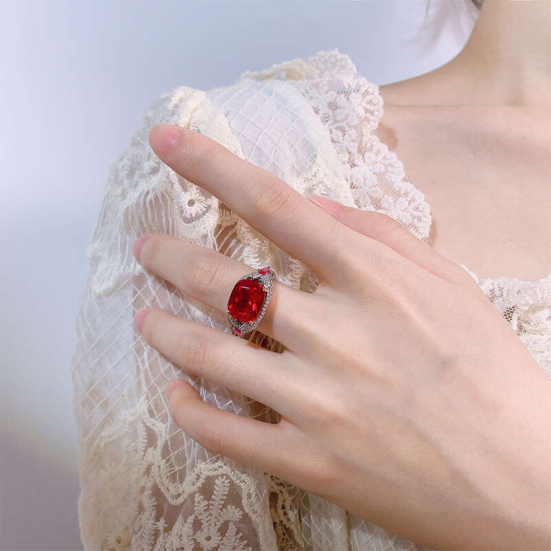 Jewelry New High-End Imitation Natural Emerald Crystal Ring Adjustable Pigeon Blood Red Royal Blue Inlaid With Diamonds 79B