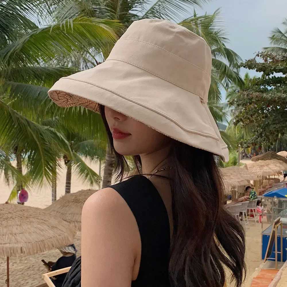 Women Summer Spring Reversible Bucket Hat UV Protection Wide Brim Lightweight Foldable Cotton Sun Hat for Outdoor Beach Travel Y250707