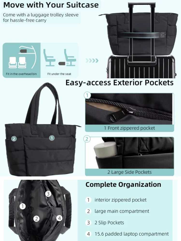 Womens Bag Solid Color Tote Bag Commuting College Padded Shoulder Bag Leisure Simple Female Handbags for Travel