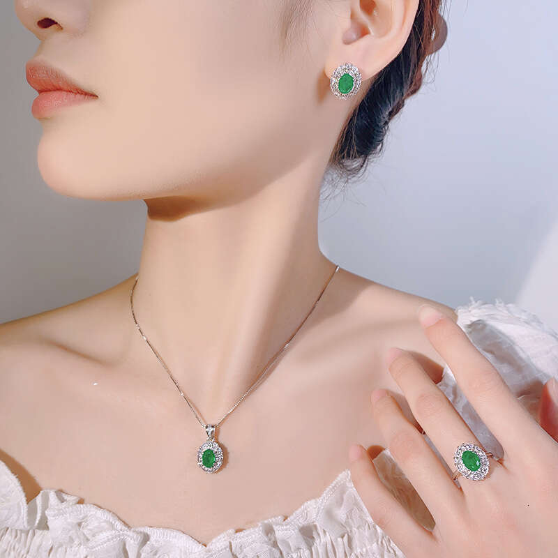 Huayoumei Jewelry New Set S Sier Needle Earrings Necklace Imitation Paraiba Emerald Women's Style D18