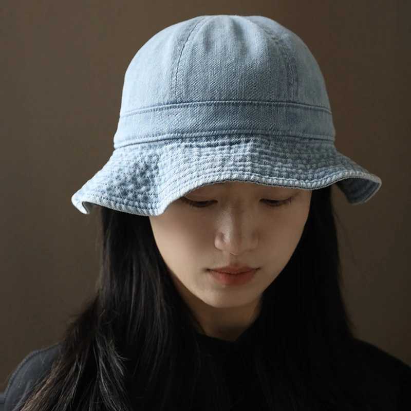 Japanese Retro Simple Dome Denim Basin Caps for Women Spring and Summer Travel Casual Versatile Sunscreen Bucket Hats Men Y250707