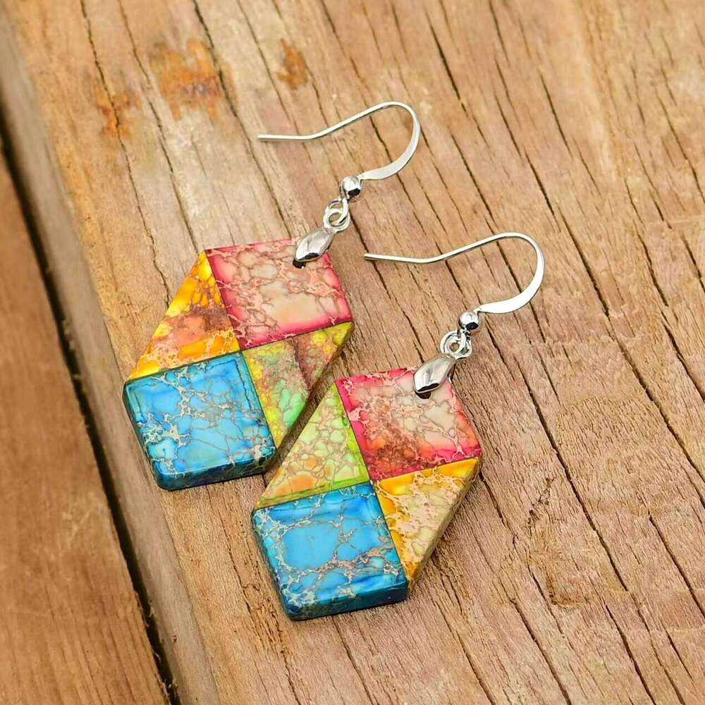 Hexagonal Natural Jasper Hanging Bohemian Charming Mixed Color Stone Earrings