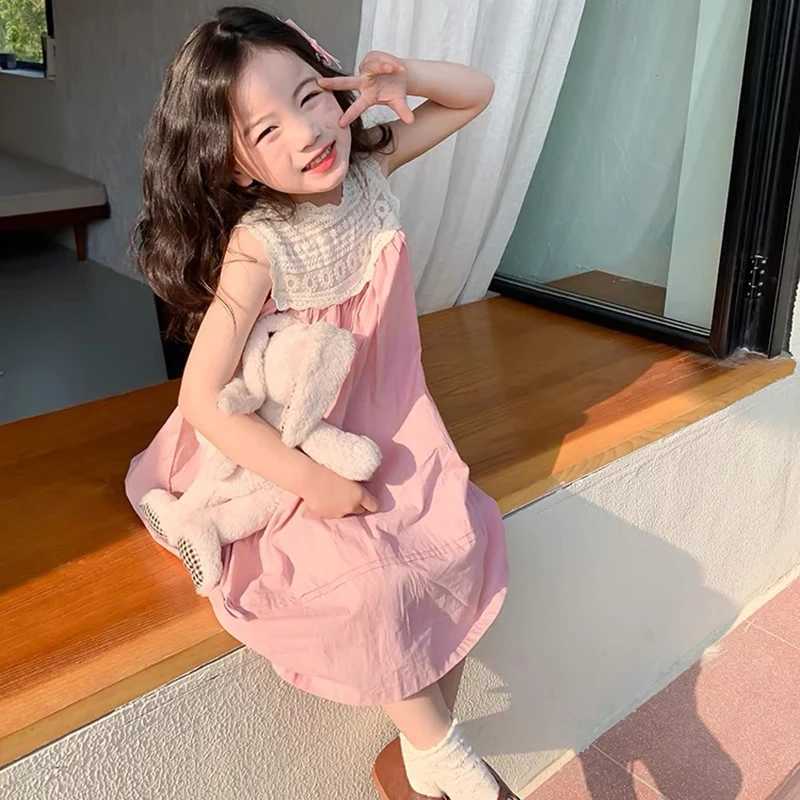 2-7 Years Girls Princess Dress New Fashion Kids Lace Clothes Embroidered Sleeveless Dress Pink Childrens Sweet Vest Dress R250707