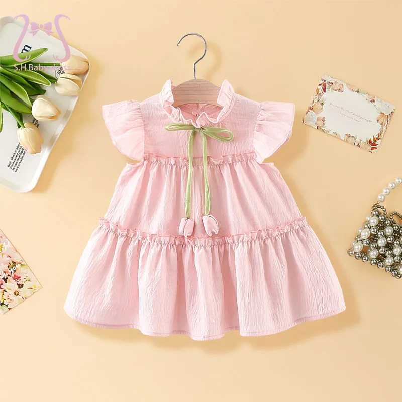 0-4 Y Baby Girls Solid Color Flying Sleeves Tulip Dress Fashion Summer Thin Soft Children Clothing Toddlers Skin-friendly Wear R250707