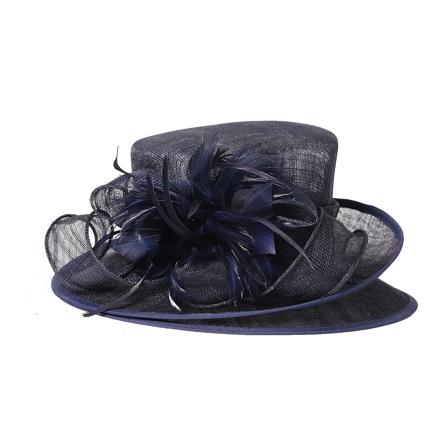FS Sinamay Wedding Hats For Women Elegant Summer Flat Top Church Hat Navy Feather Tea Party Fascinators Fascinators 250707