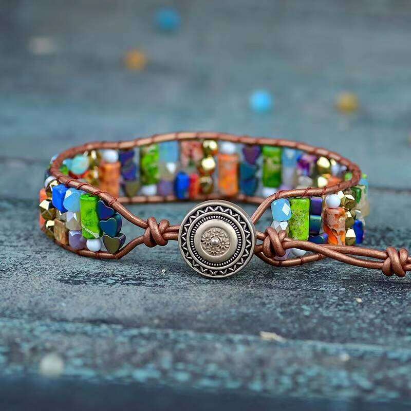 Women's Bohemian Heart Shape Hematite Imperial Natural Stone Single Leather Bag Bracelet