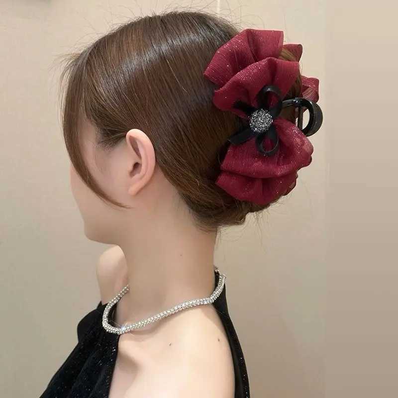 Elegant Temperament Mesh Bow Hair Clip for Woman Seersucker Shark Clip Fashion Girls Back Head Hair Clamp Z250707