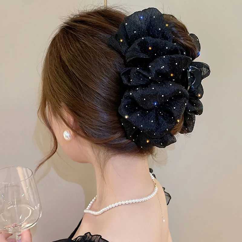 Summer Sweet Mesh Tulle Big Bow Hair Claw Clips for Women Solid Colors Elegant Bowknot Ponytail Clip New Hair Accessories Y250707