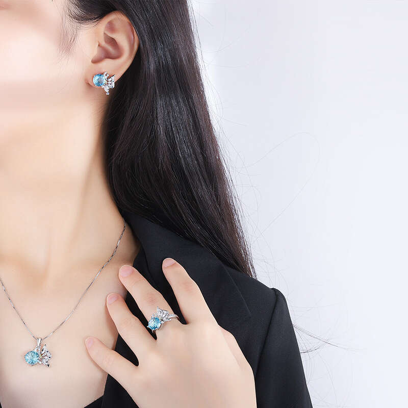 Tiktok Live Micro Pave Dia Fireworks Chrysanthemum Blue Ring 2022 New Women's Earrings Pendant Set 8E2