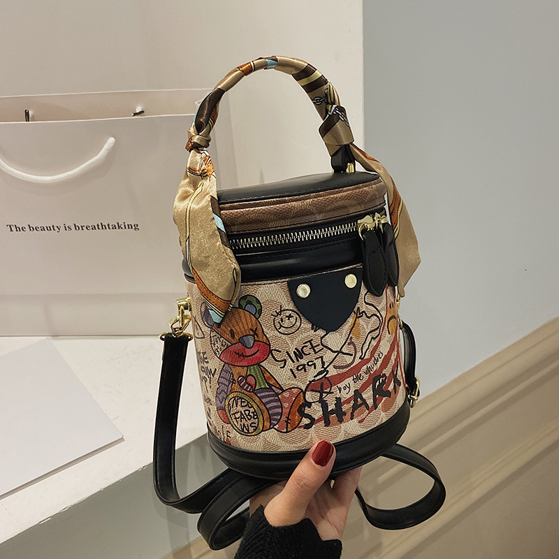 Designer Graffiti Bucket for Women 2025 New Fashion Niche Small Cylinder Handbag Versatile Shoulder Crossbody Light Luxury Women's Bag