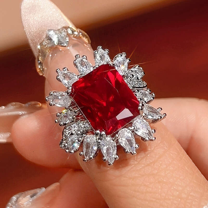 New Set Jewelry Earrings Rings Square Colorful Gemstone Red Corundum Fashion Light Women's Style 428