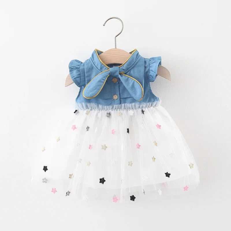 Summer New Girls Dress Small Flying Sleeve Bow Cowboy Work Pompous Past Polka Dot Color Sweet Princess (Girls 0-3 Years Old) R250707