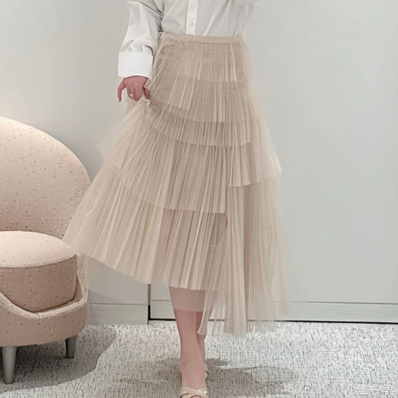 Ladies Chiffon Silk Asymmetrical Skirt - Classic Designer Premium Raw Hem Skirt, Two Colors Luxury Breathable & Coastal Escape S0720