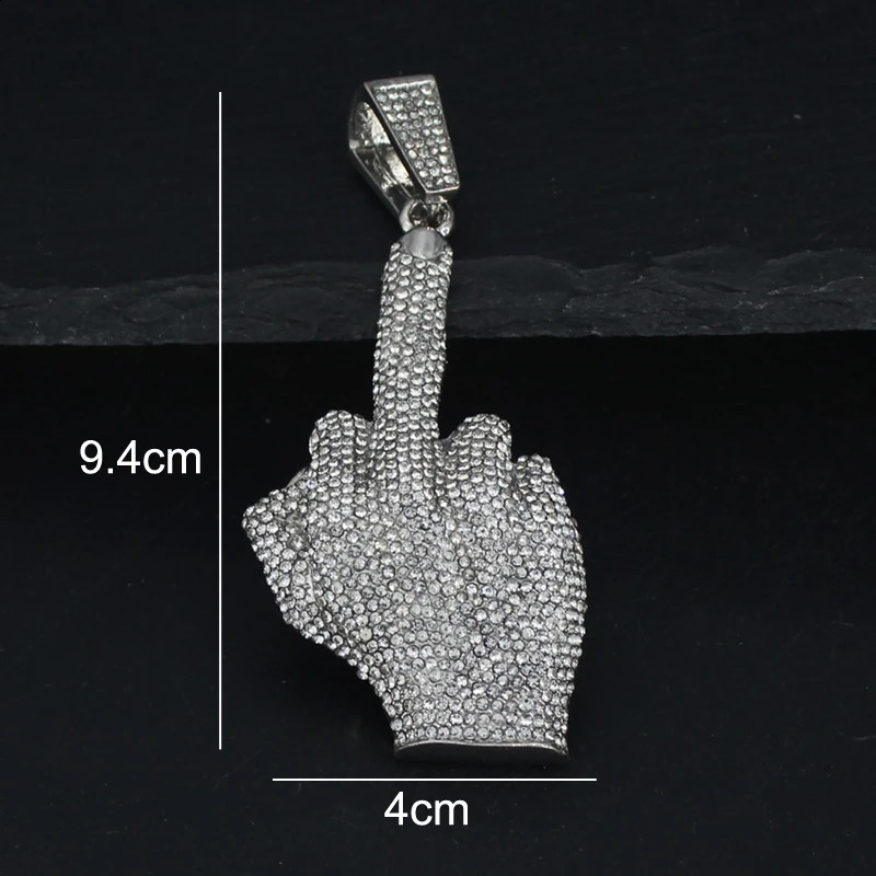 Hip Hop Big Polite Gesture Middle Finger Pendant Necklace with 11mm Crystal Cuban Chain HipHop Iced Out Necklaces for Men and Women 250707