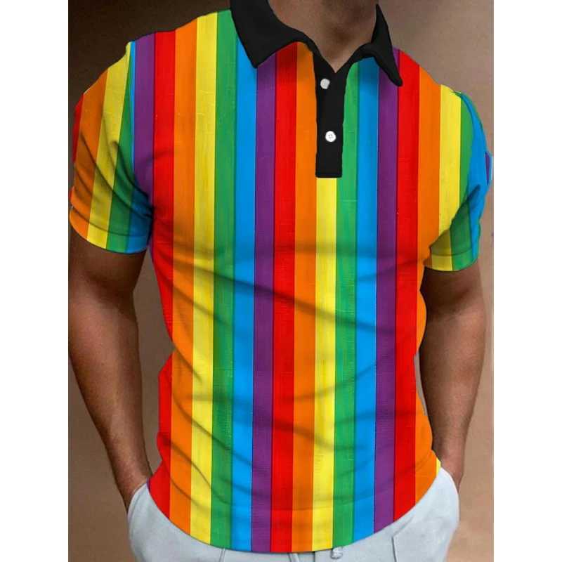 3D Color Rainbow Stripe Print Polo T-Shirt for Men Fashion Lapel Short Sleeve Shirts Oversized Casual Golf Blouse Buttons Tops Y250707 Y250707