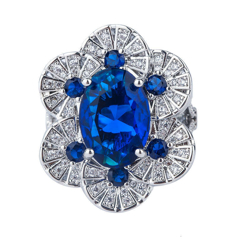Royal Blue For Women With Flower And Emerald, Fashionable Red Corundum Ring 002