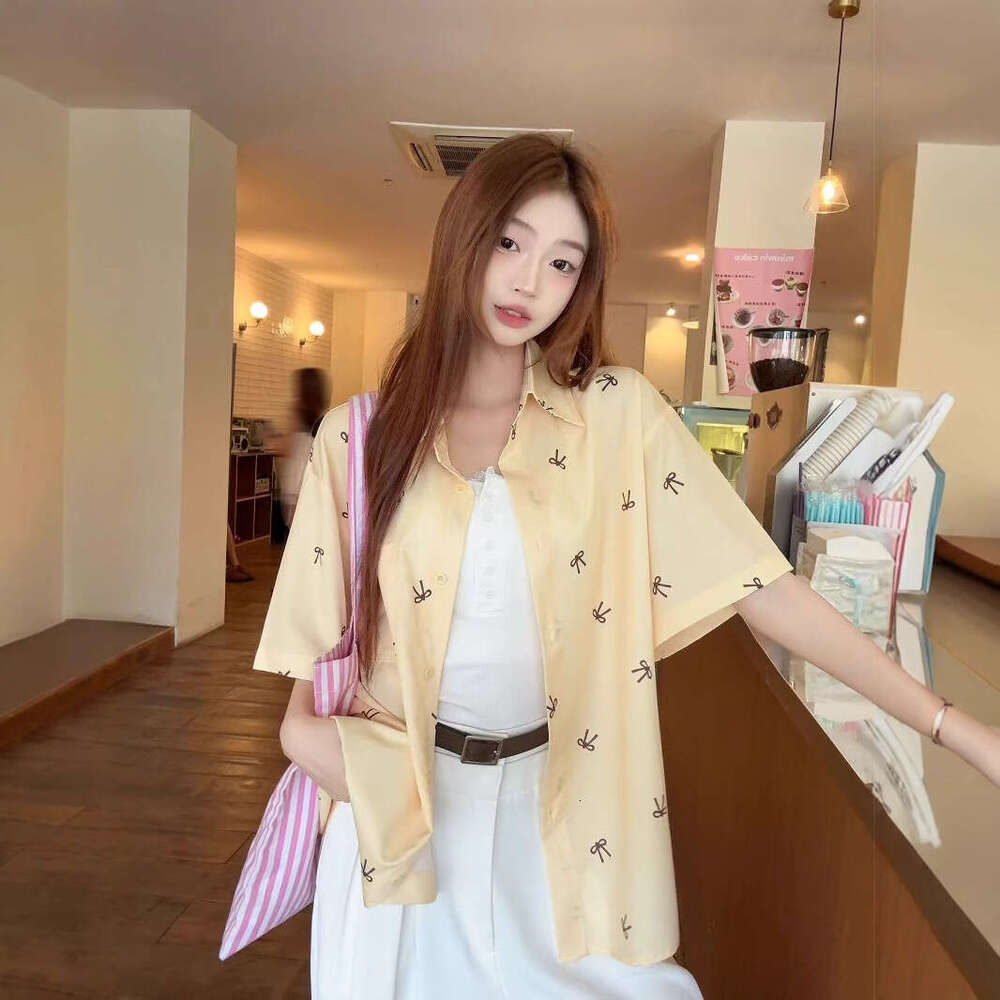 Pink Printed Bow Short Sleeve For Women Summer Sweet Design Sense Niche Stylish Thin Shirt Jacket B5