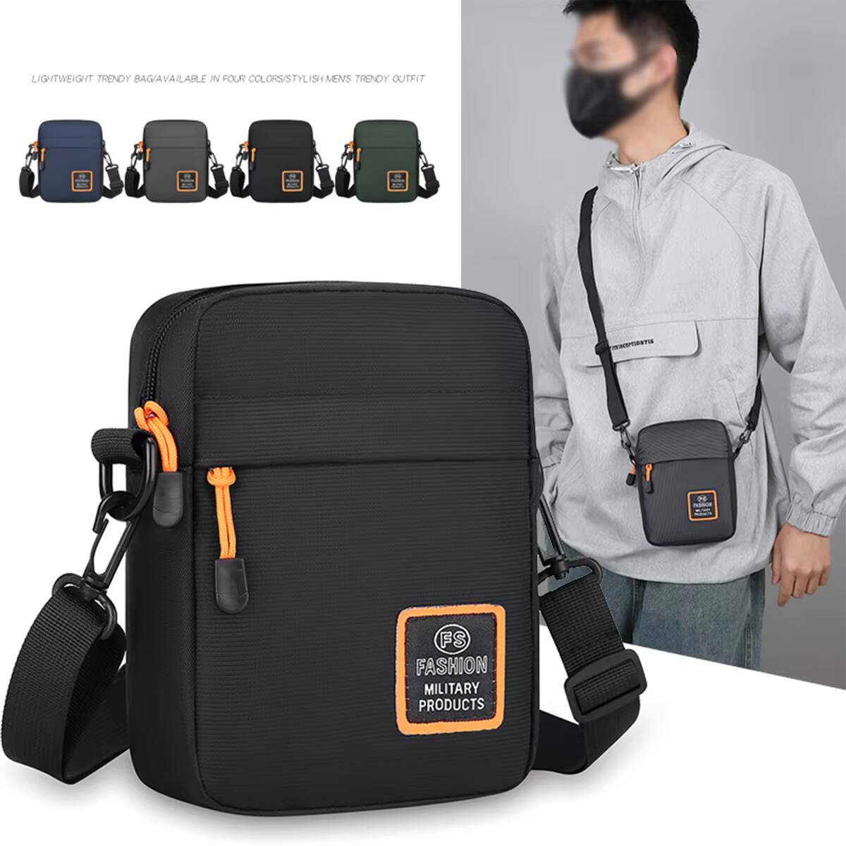 Mens Lightweight Nylon Multiple Compartments Zipper Square Adjustable Strap Crossbody Bag For Daily Use ddmynov