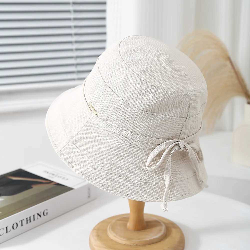 Korean Style Bow Plaid Womens Bucket Hat Foldable Fisherman Cap Spring Summer Sunshade Retro Fashion Simple Cloth Lady Hat New Y250707