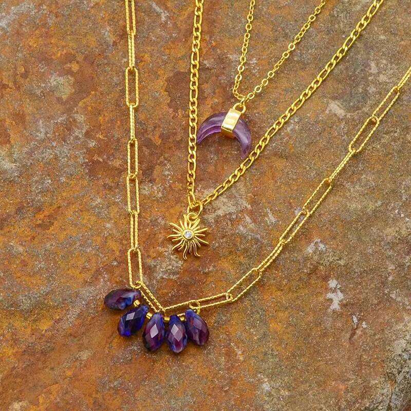 Bohemian Copper Chain Amethyst Pendant Necklace for Women