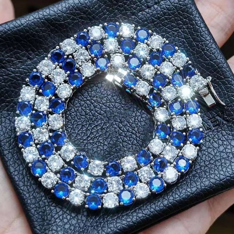 Hiphop Moissanite Chain Sparkling Bling Two Tone Iced Out 3mm/4mm/5mm Blue Moissanite Tennis Chain