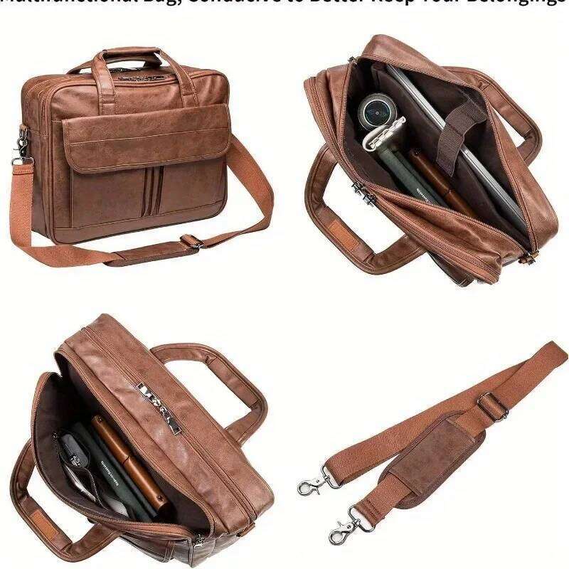Vintage Messenger For Men 17 Inch Laptop Briefcase Multi Pocket Faux Leather Shoulder Business Crossbody Bag Travel
