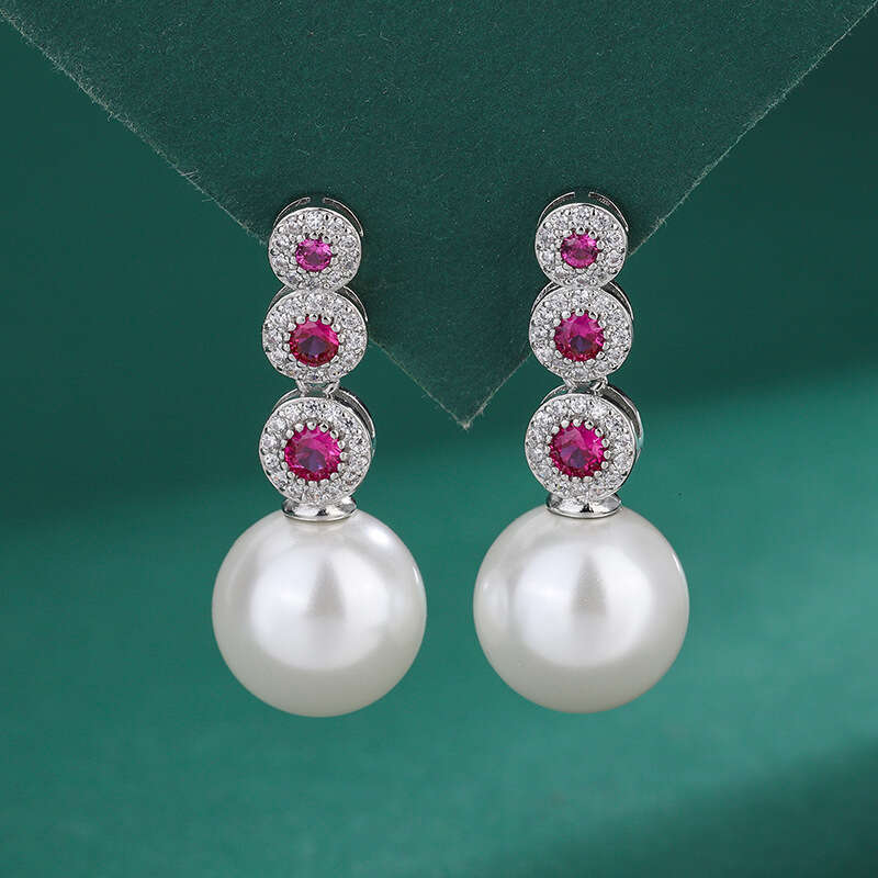 2023 New Imitation Natural Pearl Micro Inlaid Colorful Zircon White Shell Drop Red Corundum Mother-Of-Pearl Earrings D51