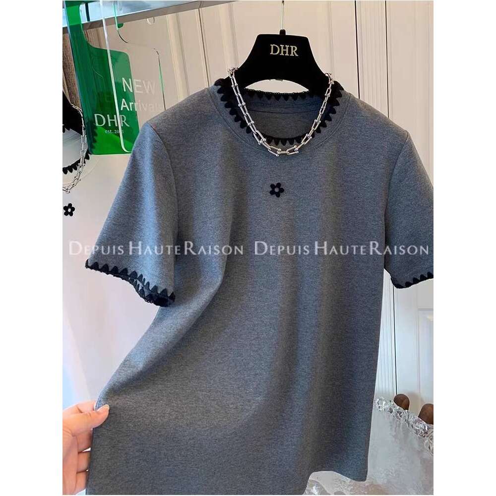 Korean Style Embroidered White Short T-Shirt For Women Summer Regular Shoulder Half Sleeve Slimming Belly Covering Top Trendy Pure Cotton B5