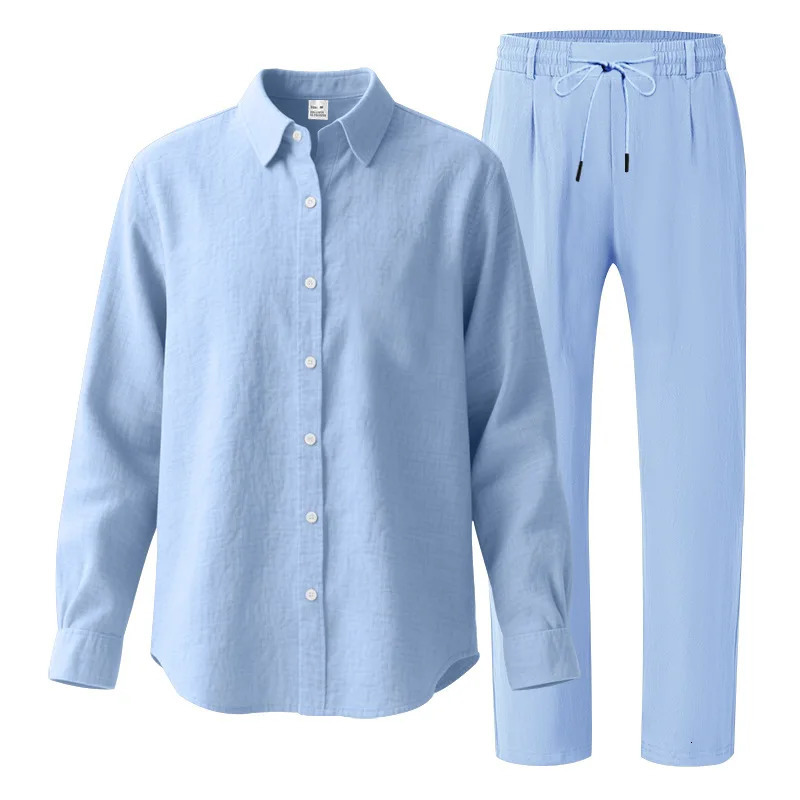 Vintage Solid Color Long Sleeve Outfits For Mens Spring Summer Casual Linen Shirt And Pants Men Two Piece Suits Fashion Sets 250707