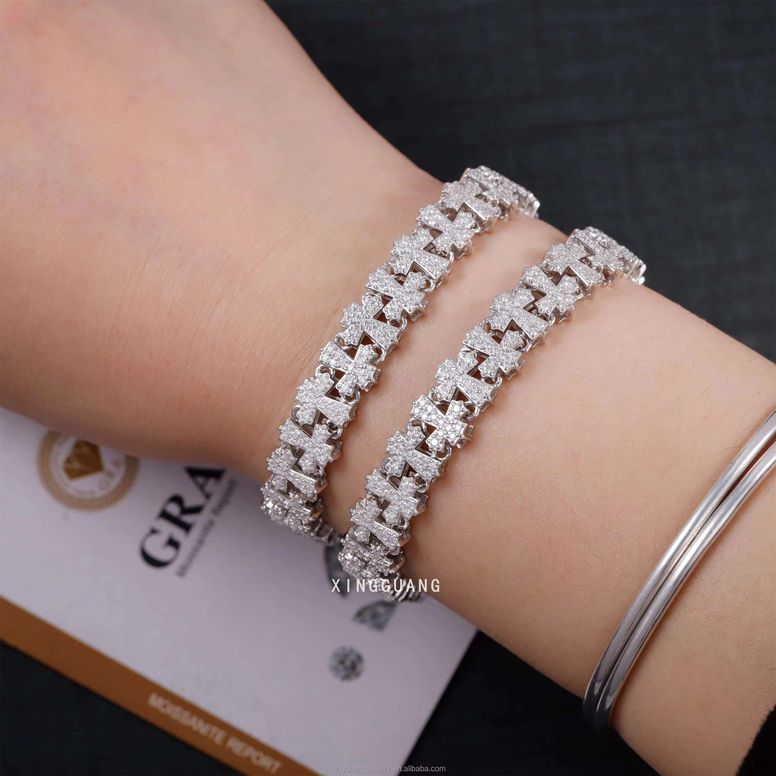 Trendy 14mm Wide Multi Cross Bracelet Moissanite White Gold Plated Silver Cuban Links Men Women Jewelry Cuban Bracelet Jewelry