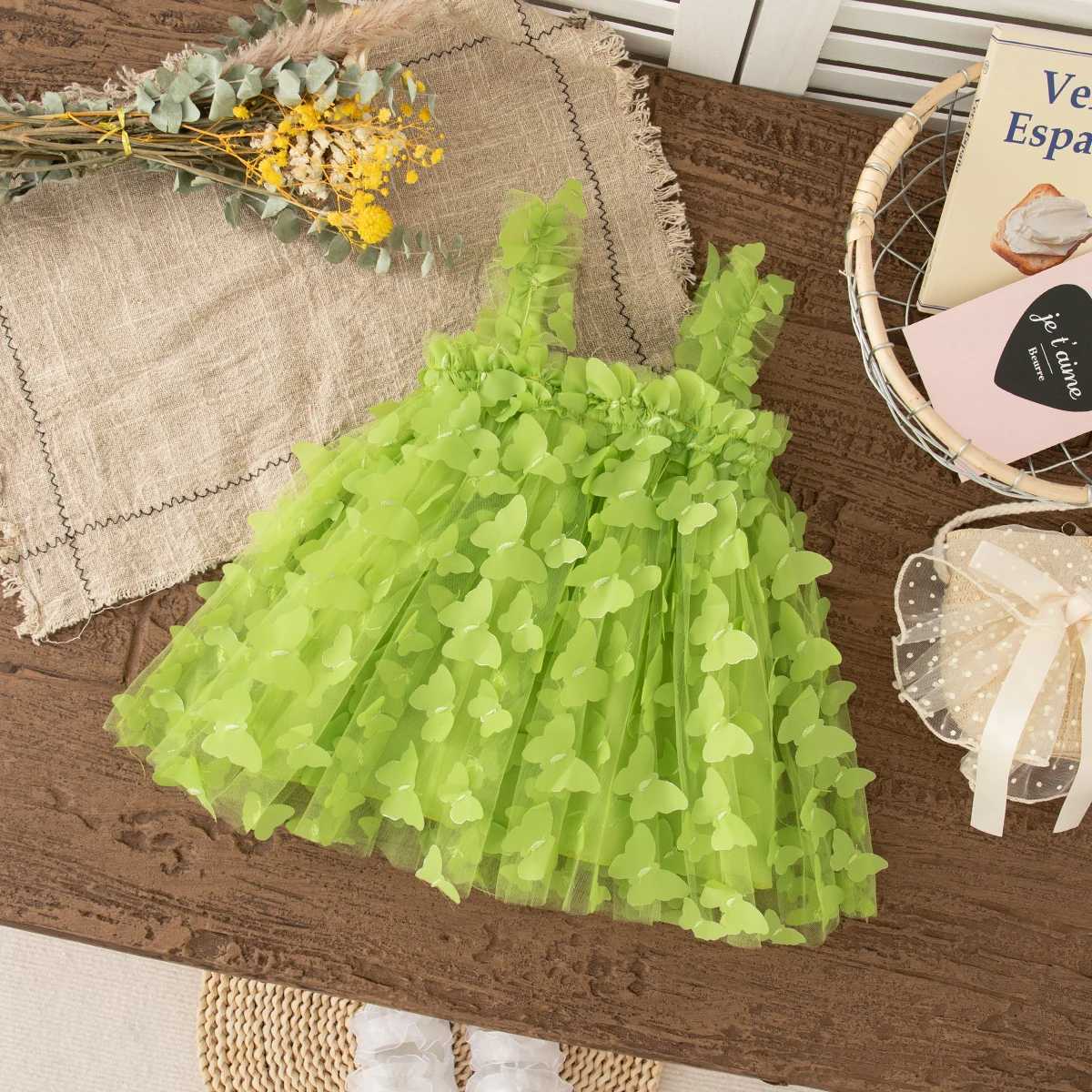 Baby Girl Dress Summer Full Print Butterfly Halter Solid Color Fluffy Girl Kids Dress Cute Casual Beach Kids Dresses R250707