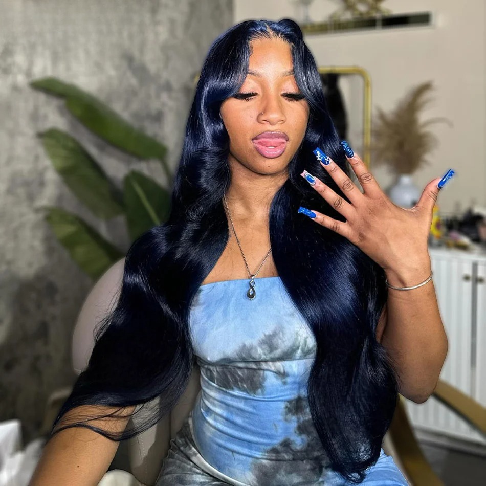 Midnight Blue Lace Front Wig Human Hair 13x4 Ready Go Body Wave Lace Frontal Wig PrePlucked Lace Closure Wig Synthetic For Women