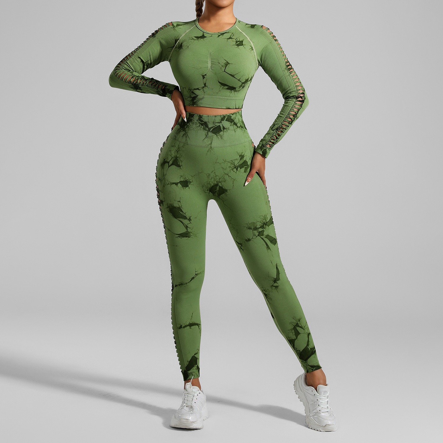 Women's Seamless Tie-Dye Yoga Set - Two-Piece Side-Cut Crop Top & Peach Bottoms Fitness Wear