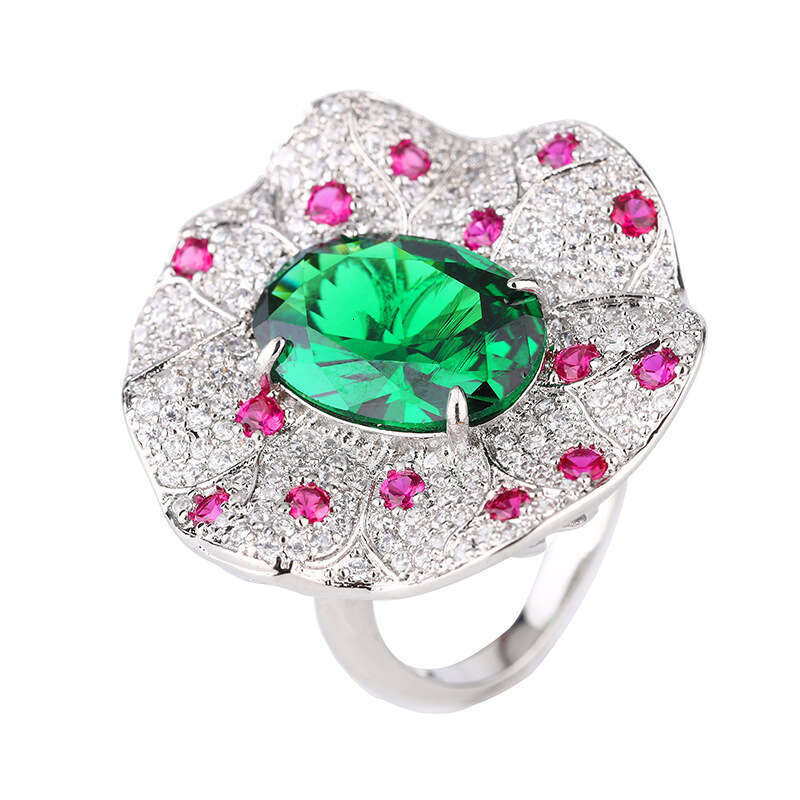 Jewelry New Ring Accessories Colorful Gemstone Red Green Rose Flower Fashion High-End Sense Women's Light Luxury F0e