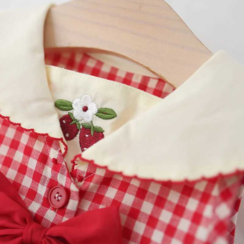 Baby Girl Clothes Summer Bow Cherry Plaid Pattern Lapel Baby Girl Dress Cute Casual Baby Girls Princess Dresses R250707