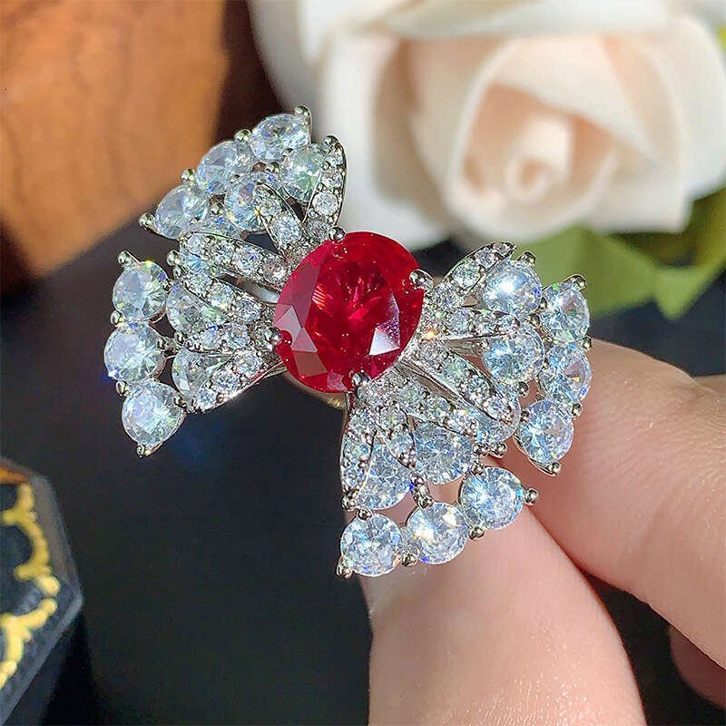 New Style Jewelry Set Necklace Earrings Ring Red Fashion Light Zircon Versatile Women's 3Fa