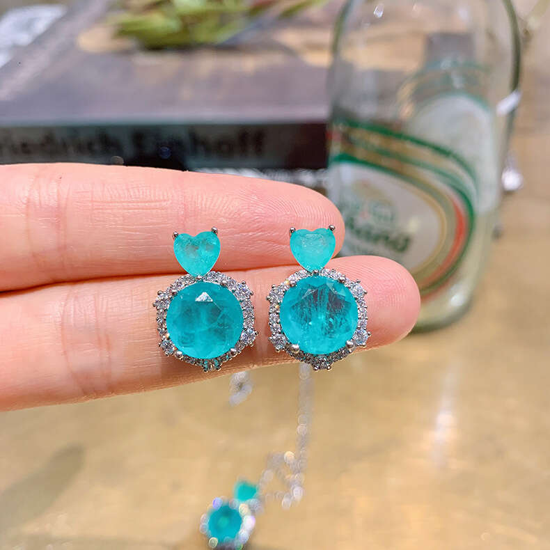 Minimalist Heart Blue Imitation Paraiba Necklace Emerald Earrings Noblewoman Jewelry Set 922