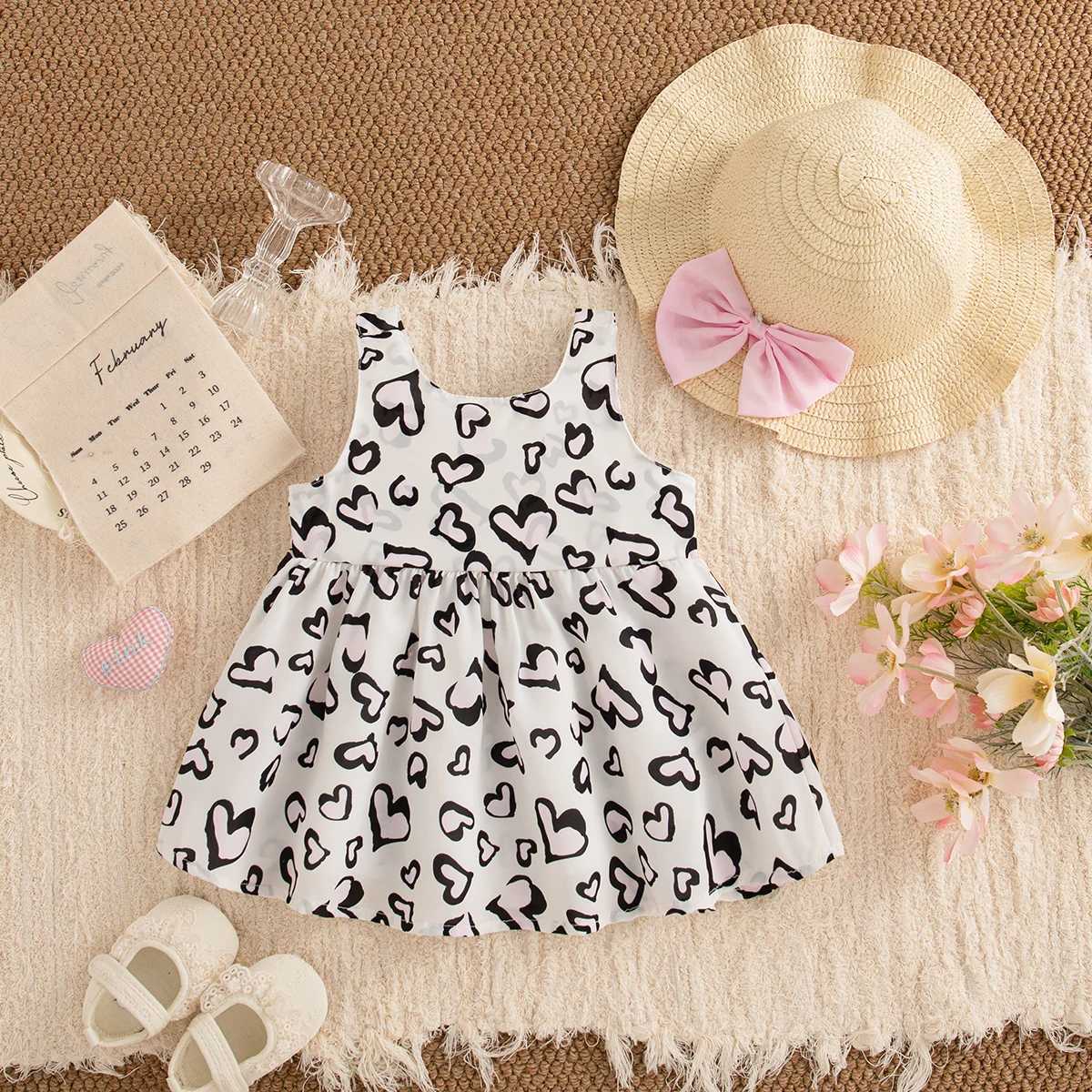 Baby Clothes Girl Summer Bow And Heart Leopard Pattern Halter Dress Cute Casual Beach Girl Kids Dress With Hat R250707