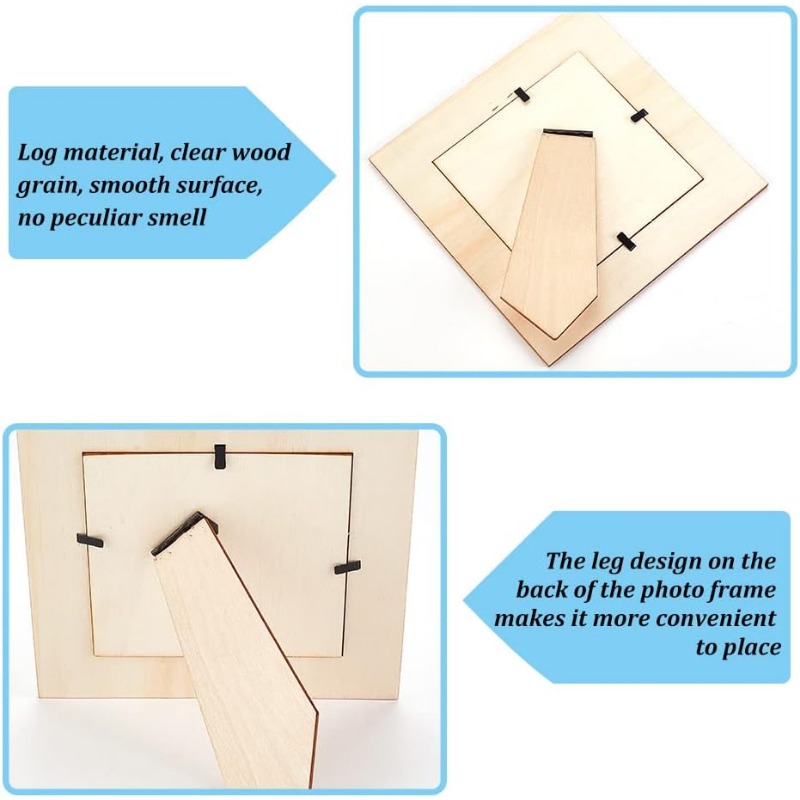4pcs Unfinished Wooden Picture Frame Square x 6.3 Craft Set Natural Wood DIY Photo Frames for Tabletop Display H260306
