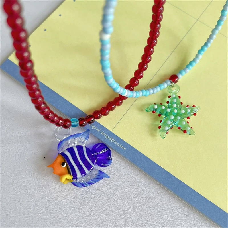 Trendy Summer Glazed Starfish Glass Fish Pendant Beads Choker Necklace For Women Cute Beach Charm Ocean Y2K Jewelry Gift 250707