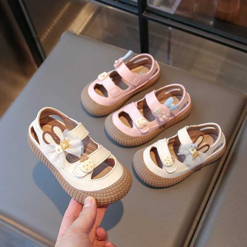 2025 High Quality Childrens Rabbit Ear Tulle Embroidered Outdoor Summer Double Strap Flat Cute Kids Sandals R250707