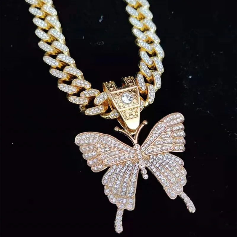 Men Women Hip Hop Iced Out Bling Butterfly Pendant Necklace with 13mm Miami Cuban Chain HipHop Necklaces Fashion Charm Jewelry 250707