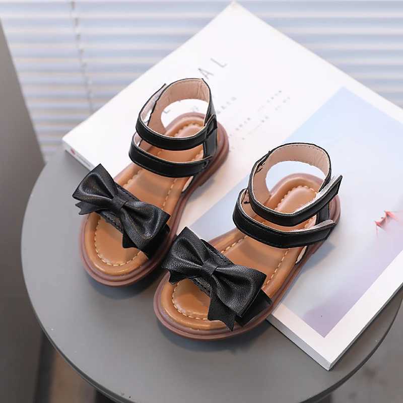 Little Children Sandals Ankle Strap Bowknot Black White Girls Sliders 21-30 Toddler Pu Leather Flexiable Summer Kids Flat ShoesR250707