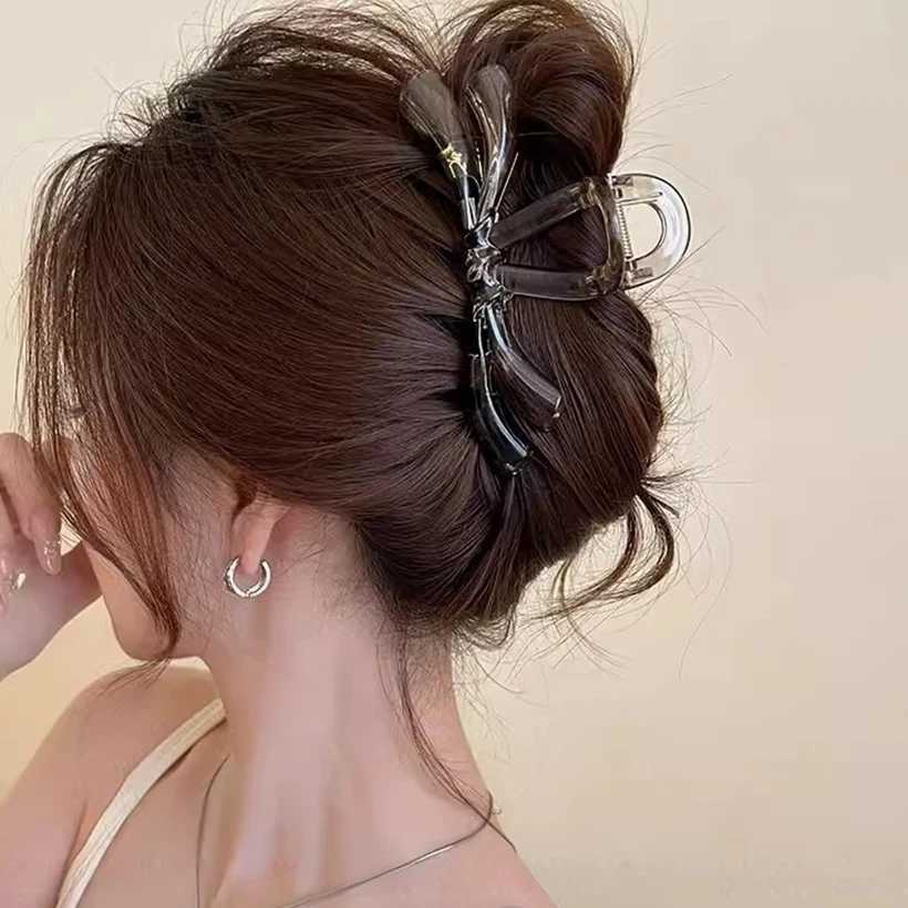 Korean Large Ribbon Hair Claw Crab Barrettes For Women Girls Sweet Acrylic Shark Bow Hair Clip Hairpin Ponytail Hair Accessories Y250707