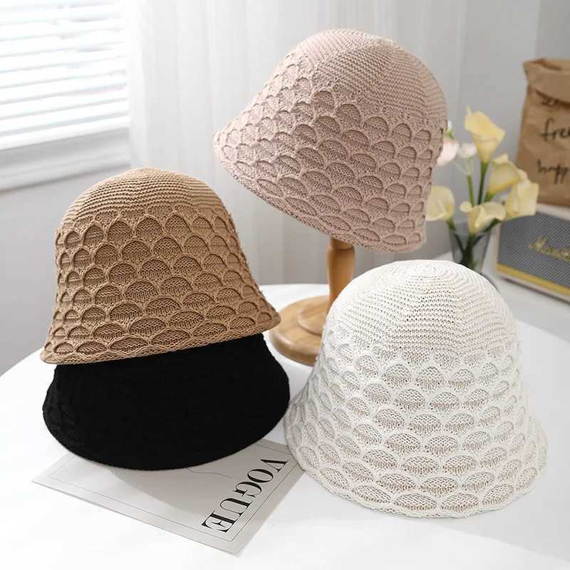 Summer Hats For Women Bucket Hat Female Hollow Shape Knitted Breathable Outdoor Sun Protection Fisherman Cap Female Korean New Y250707